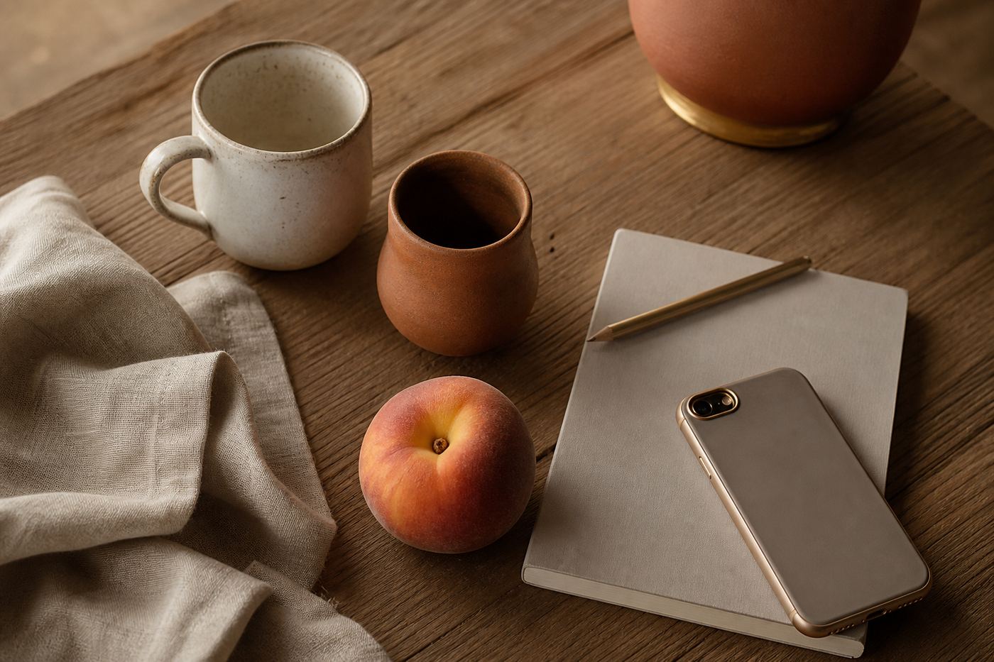 Two cups, a notebook, and a phone on a wooden table